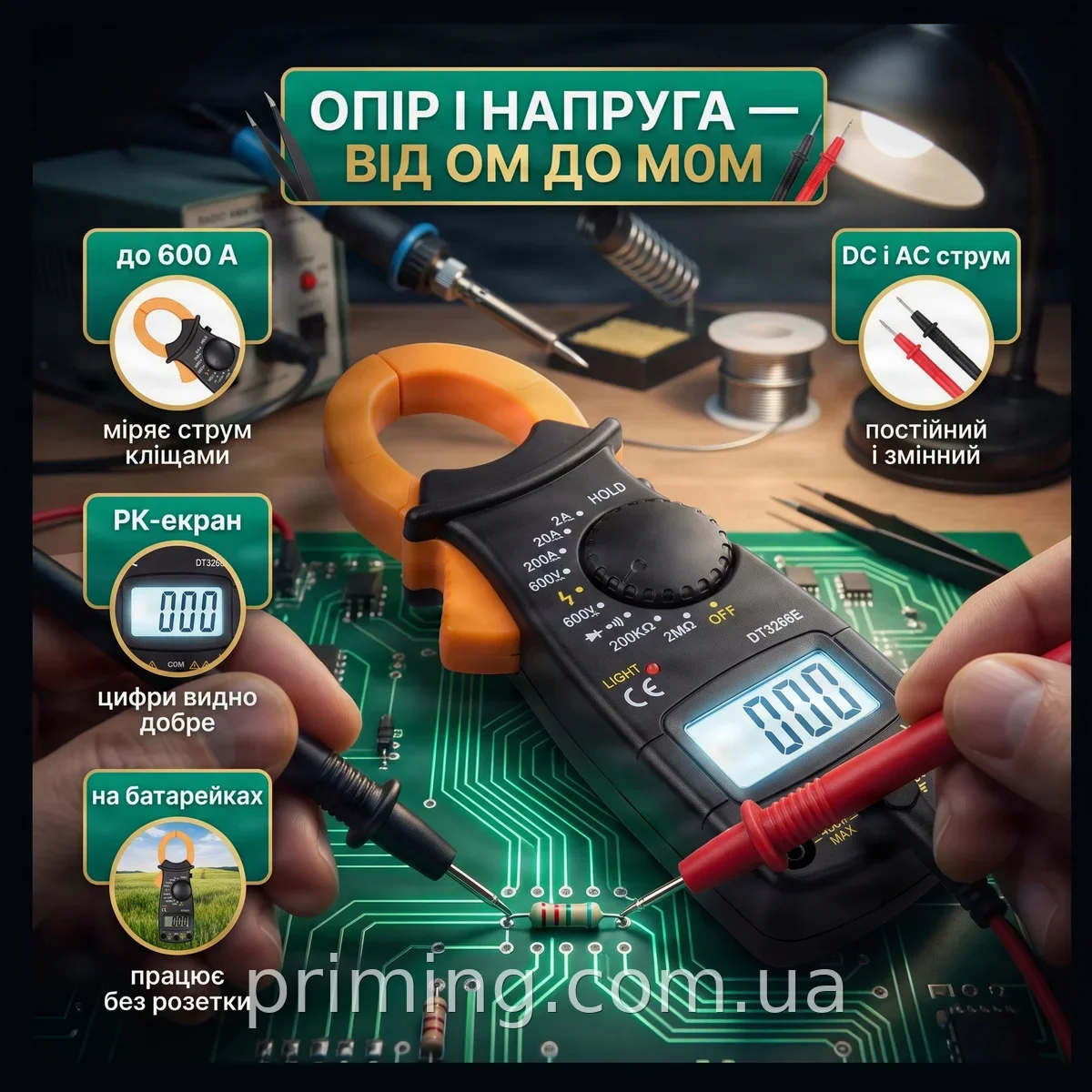 Цифровой мультиметр-тестер с токоизмерительными клещами DT3266L для тока DC до 600 А и напряжения до 600 В