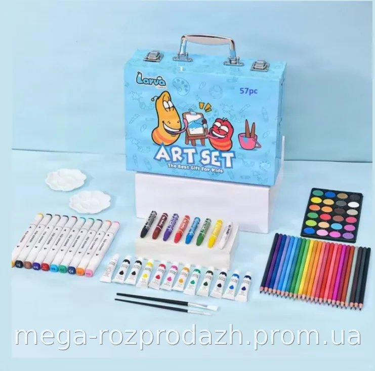 Набор цветных карандашей и фломастеров Art Set 57 предметов для рисования и творчества в металлической коробке
