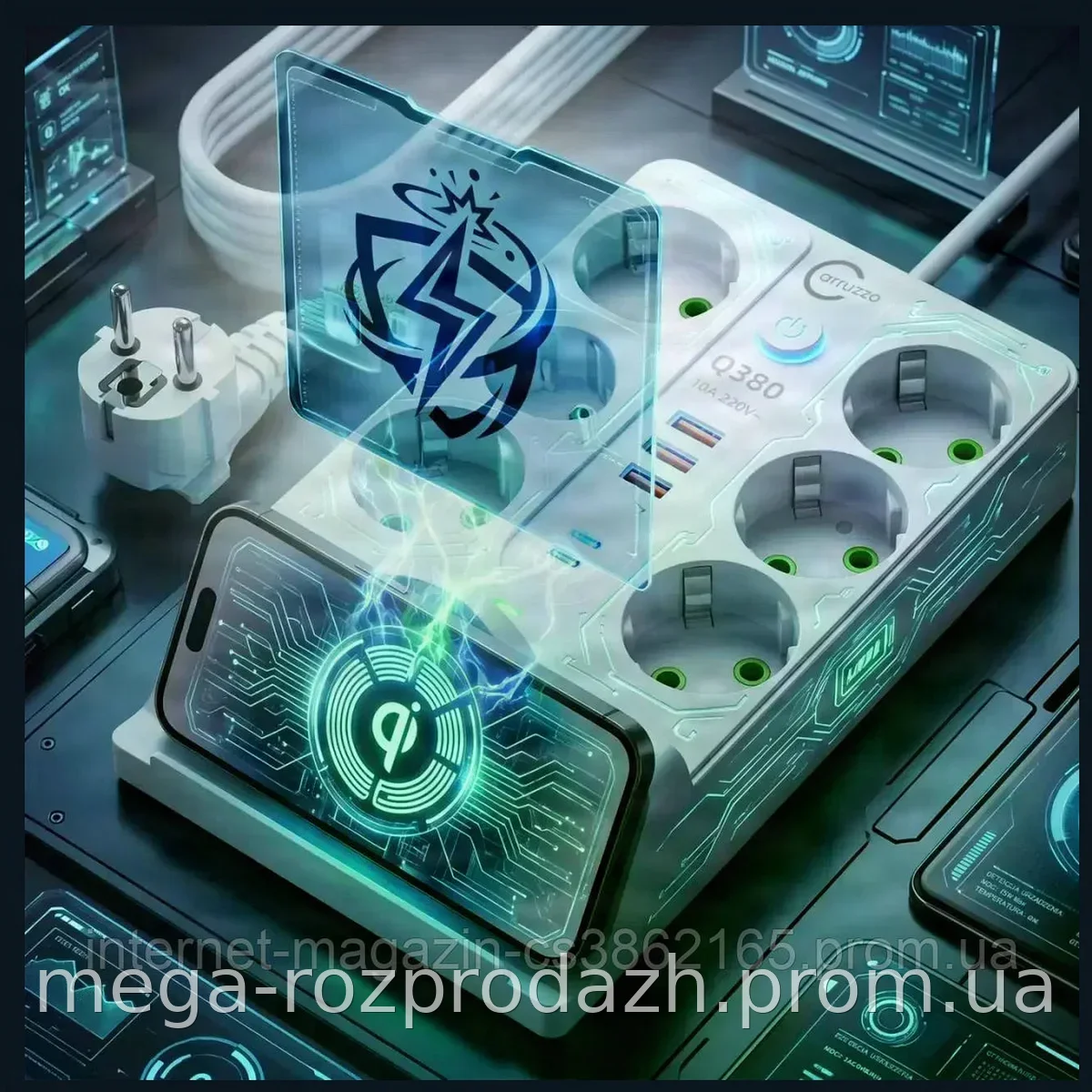 Сетевой фильтр-удлинитель 5 м с беспроводной зарядкой Qi, 6 розеток 220 В, 4 USB и 2 PD Type-C, 2500 Вт