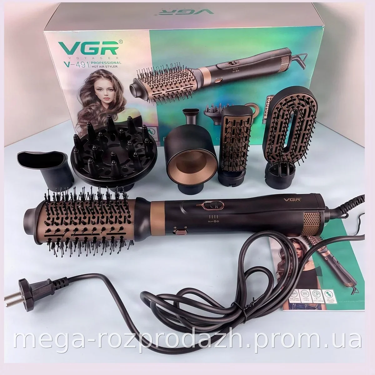 Фен-щетка для волос 6в1 VGR V-491, 1000 Вт, 6 насадок, ионизация, керамическое покрытие, стайлер для укладки