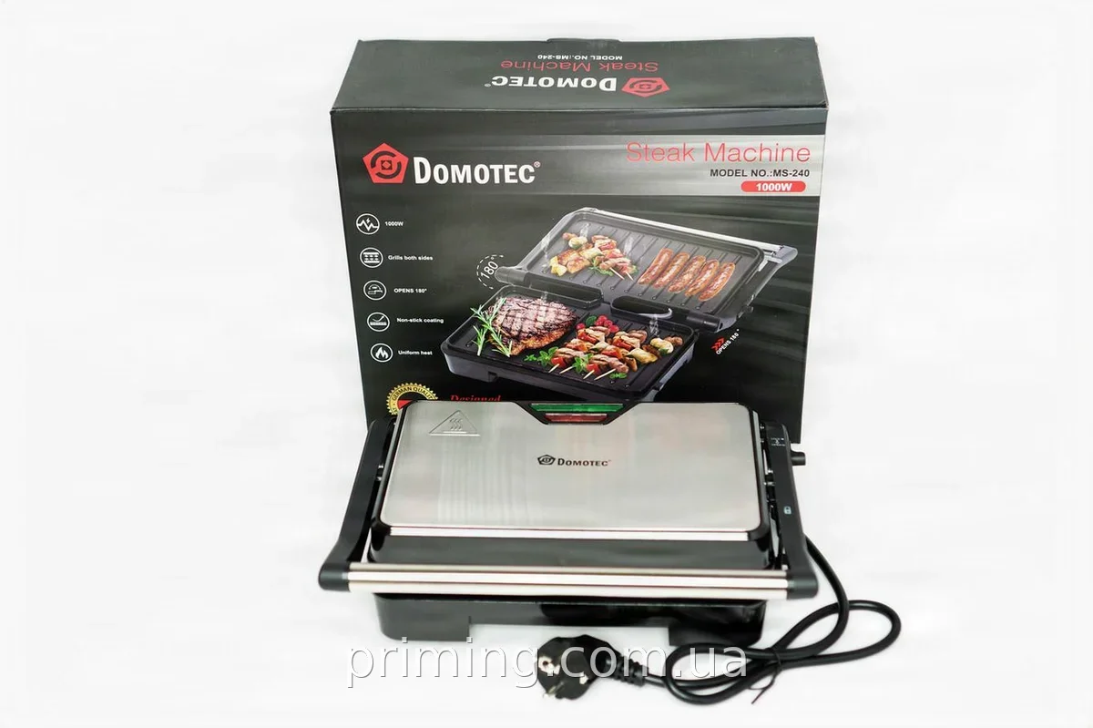 Электрический контактный гриль Domotec MS-240 1000 Вт настольный с ребристой плитой и лотком для жира
