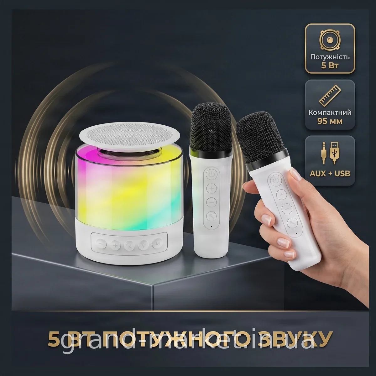 Портативна колонка K19 Bluetooth 5 Вт з двома мікрофонами для караоке та LED-підсвічуванням, корпус білий