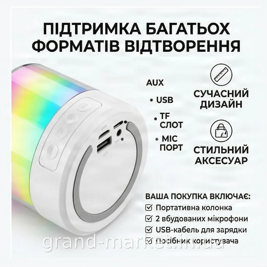 Портативна колонка K19 Bluetooth 5 Вт з двома мікрофонами для караоке та LED-підсвічуванням, корпус білий