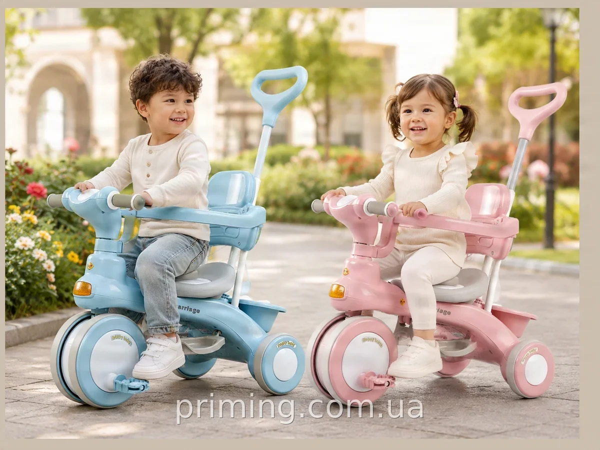 Детский трехколесный велосипед Baby Carriage 588 розовый с родительской ручкой и корзиной для девочек 2-4 года