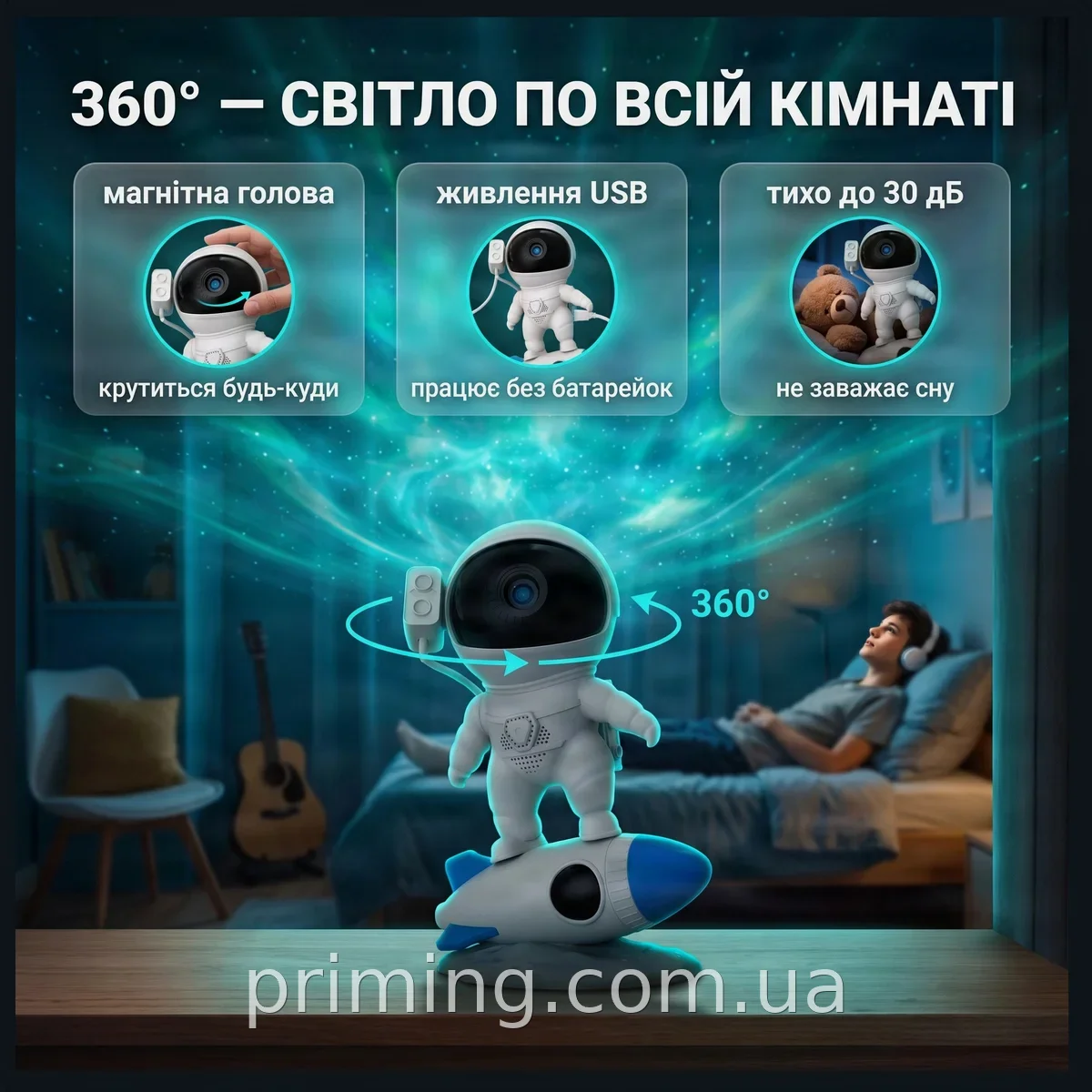 Детский галактический проектор астронавт на ракете 4K HD с белым LED ночником и кнопкой включения для спальни