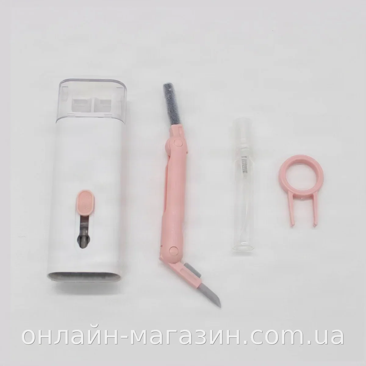 Набор для чистки клавиатуры и гаджетов 7в1 многофункциональный с кисточкой и кейсом, белый с розовым