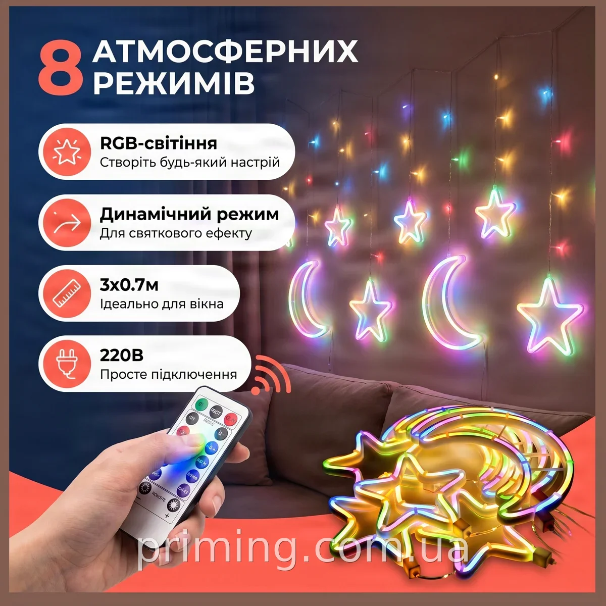 Гірлянда світлодіодна сітка 3х0.7 м з 9 плафонами для дому та саду, 8 режимів світіння, мультиколірна RGB