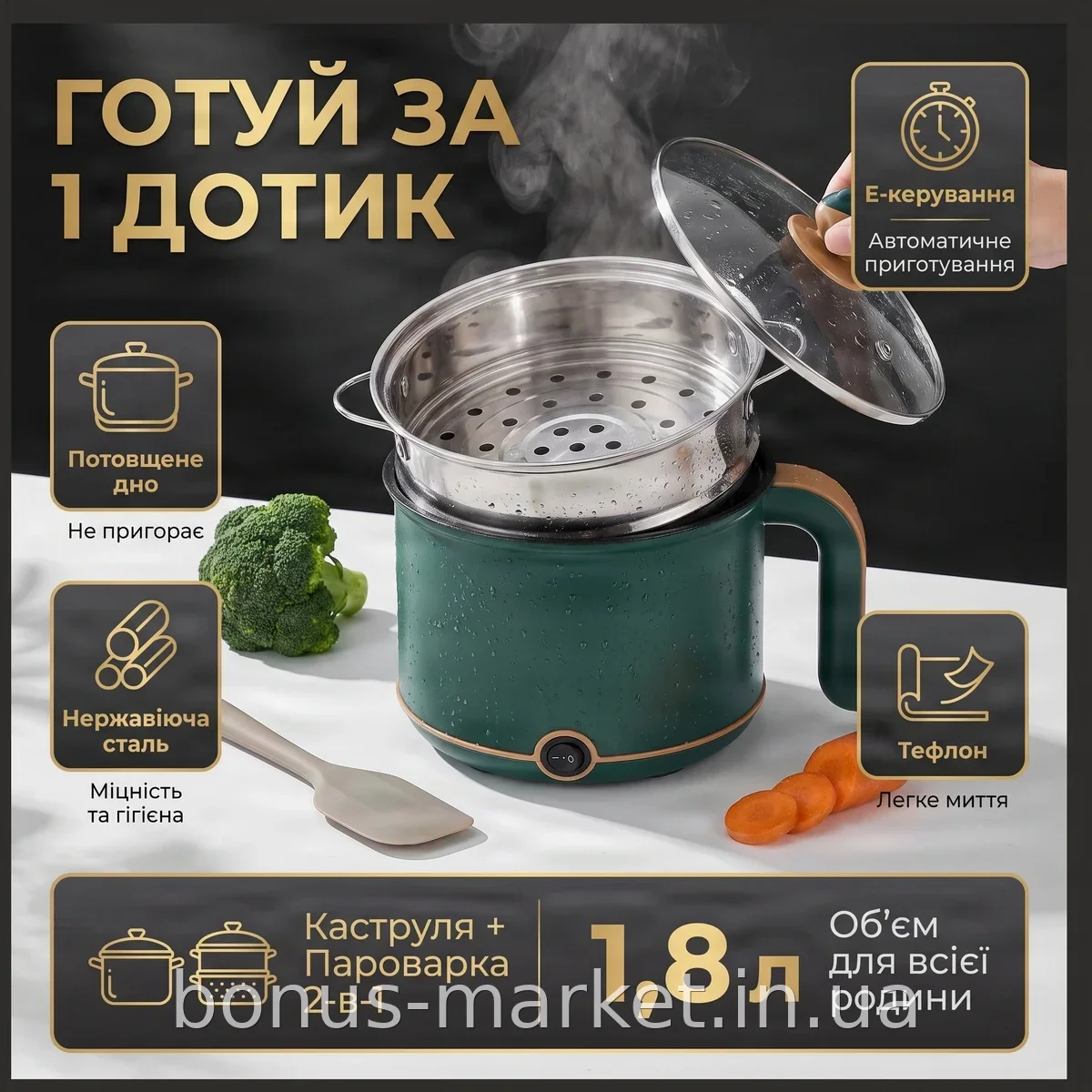 Электрическая мультиварка-кастрюля 1,5 л из нержавейки, пароварка с антипригарным покрытием и стеклянной крышкой