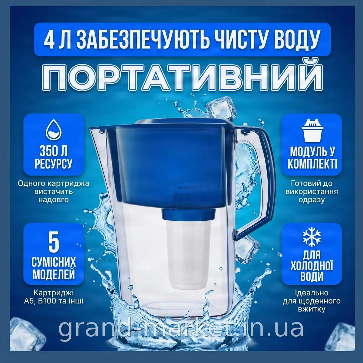 Фильтр-кувшин Аквафор Океан синий для холодной воды 4 л с картриджем А5 и модулем В100-8 для дома и дачи