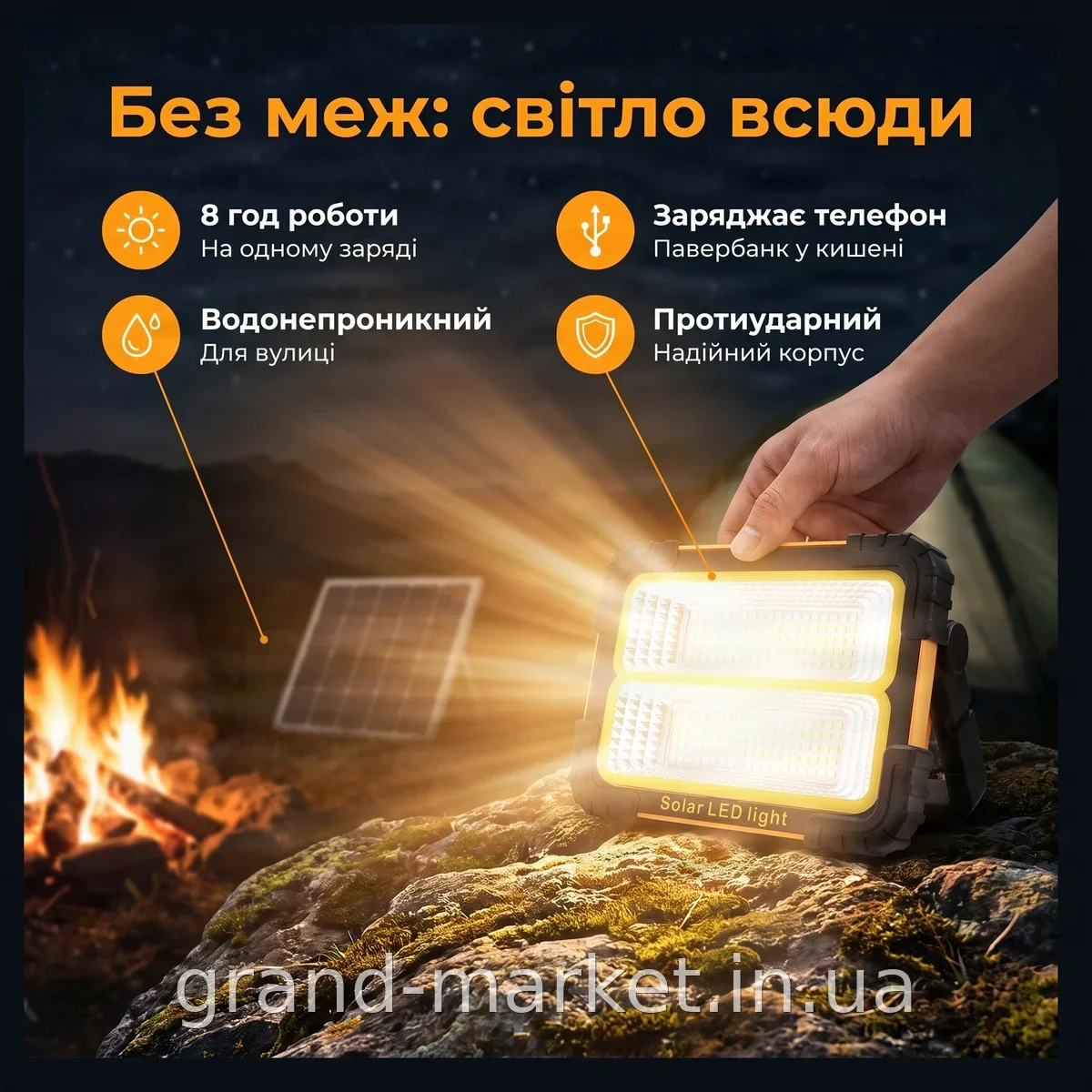 Аккумуляторный прожектор с солнечной панелью BL JN 883, портативный LED светильник, USB зарядка и PowerBank