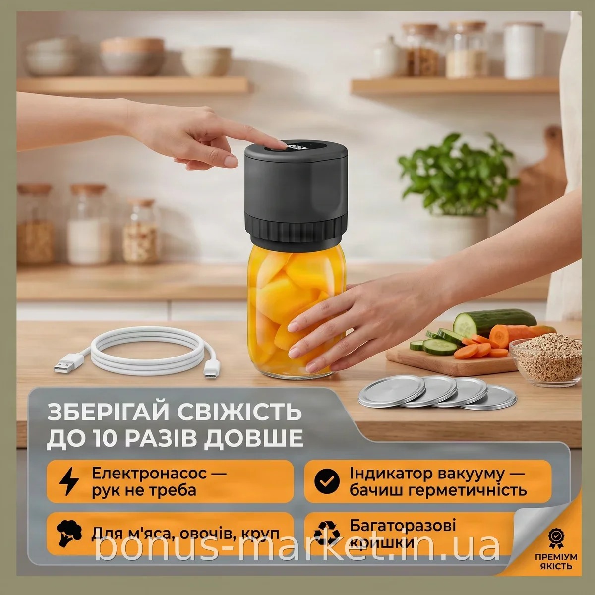 Набор вакуумных крышек для консервирования с электрическим насосом и индикатором AND099, универсальный