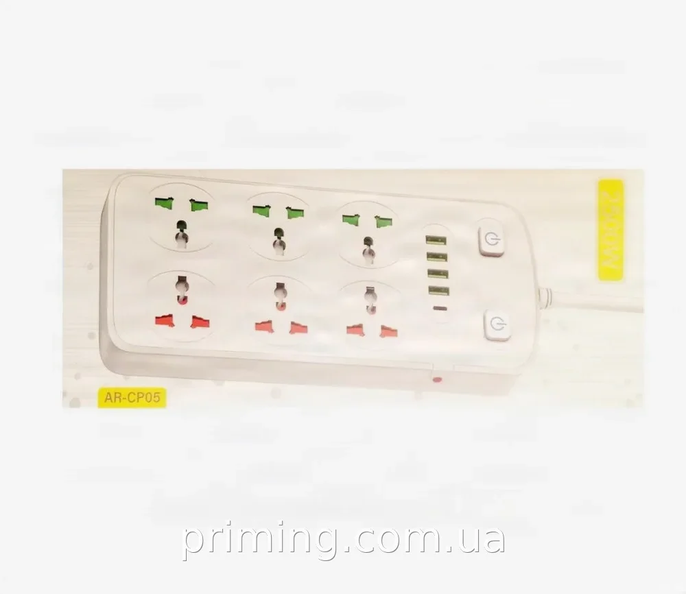 Сетевой фильтр-удлинитель AR-CP05 на 6 розеток с 4 USB и Type-C, 2 м, 2500 Вт, белый, с заземлением и выключателем