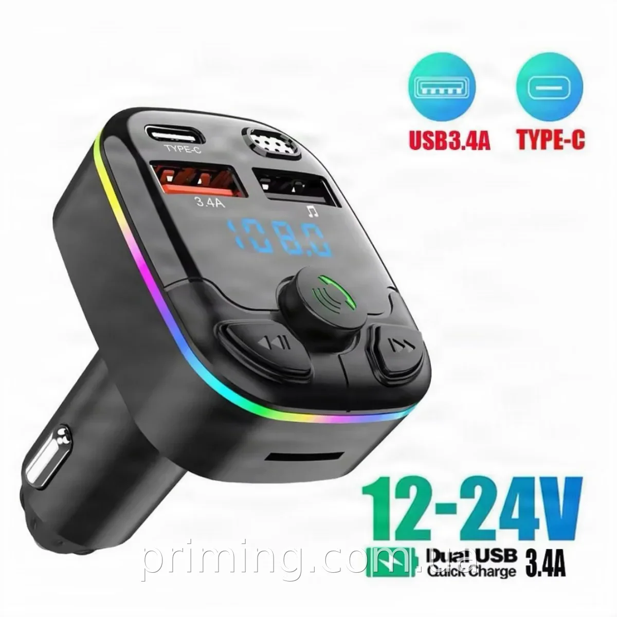 FM-модулятор HZ H43+ Bluetooth 5.0 с быстрой зарядкой Type-C, 4 USB порта, LED дисплей, микрофон, черный