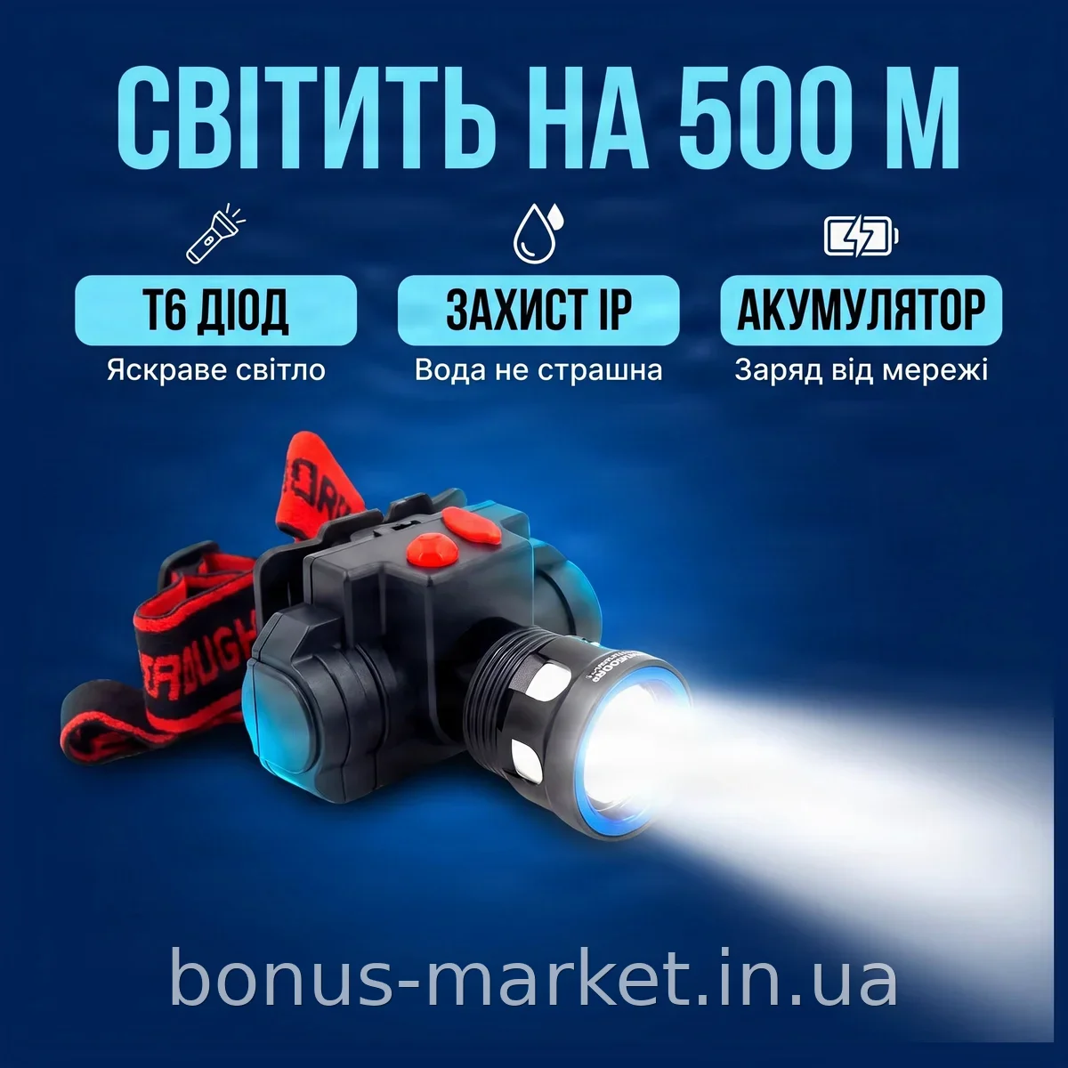 Налобный аккумуляторный фонарь Bailong BL-CB-0603 T6, светодиодный водонепроницаемый для работы и туризма