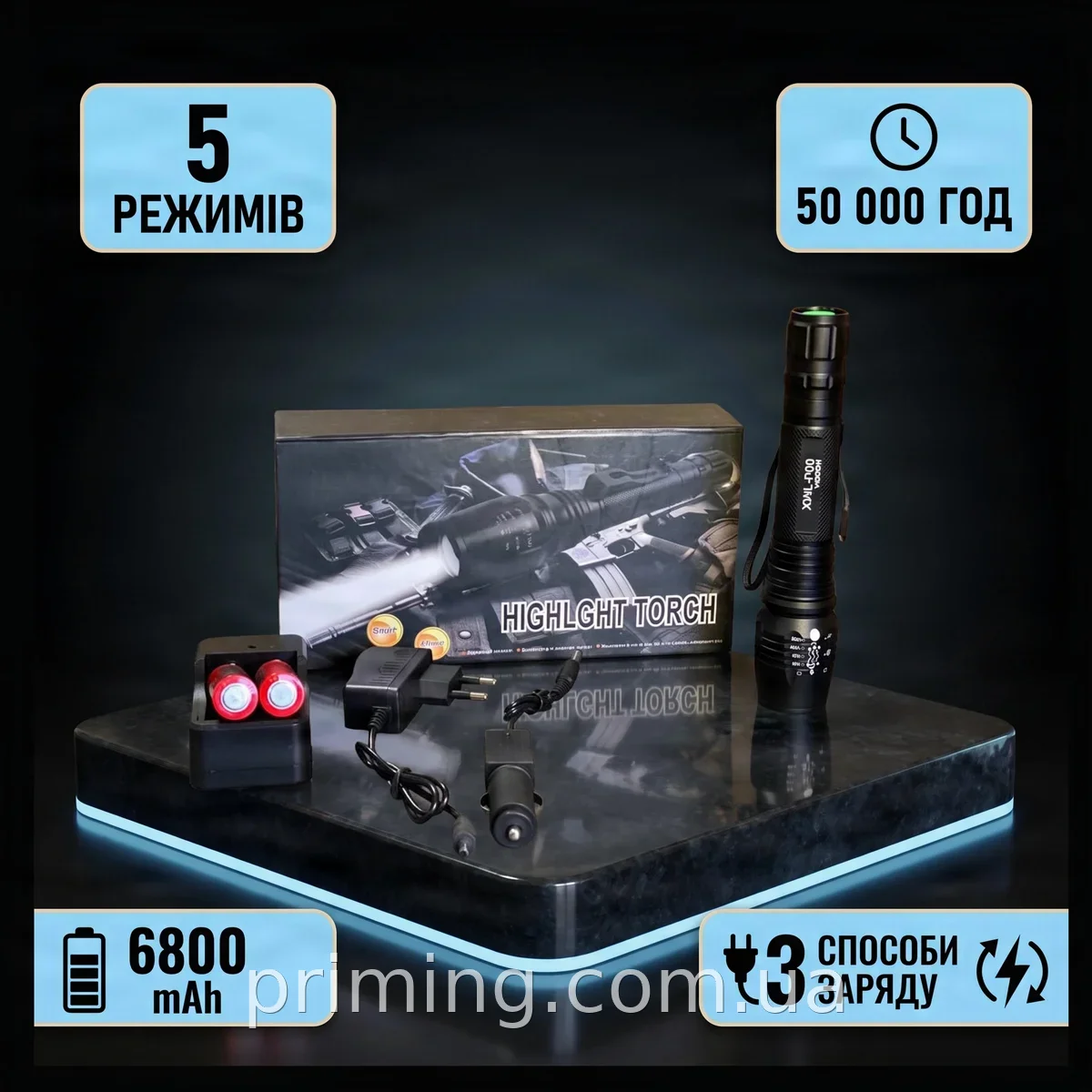 Светодиодный ручной фонарь XWL-P50 100000W, комплект из двух аккумуляторов 18650 и клипсой, дальность 600 м