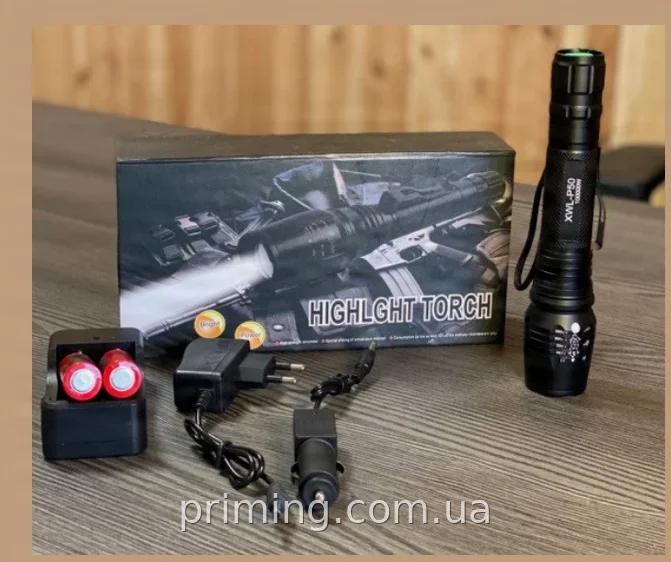 Светодиодный ручной фонарь XWL-P50 100000W, комплект из двух аккумуляторов 18650 и клипсой, дальность 600 м