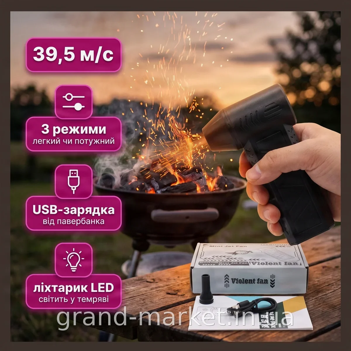 Акумуляторний міні-турбовентилятор Violent Fan ZY7400, 3 швидкості, підсвітка, для авто та ПК, Type-C