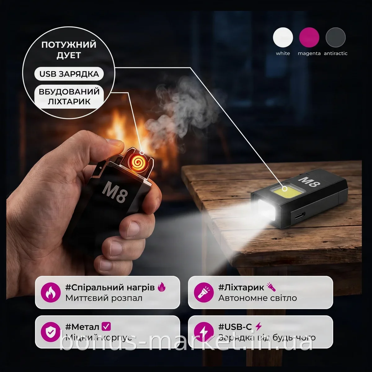 Спиральная электрозажигалка с LED фонарём на USB зарядке, карманная беспроводная сигаретная из металла Black