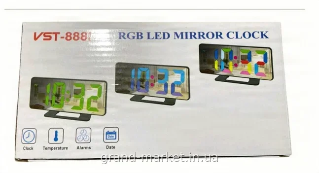 Електронний настільний годинник з LED-підсвіткою, будильник та таймер VST 888H RGB, прямокутна форма