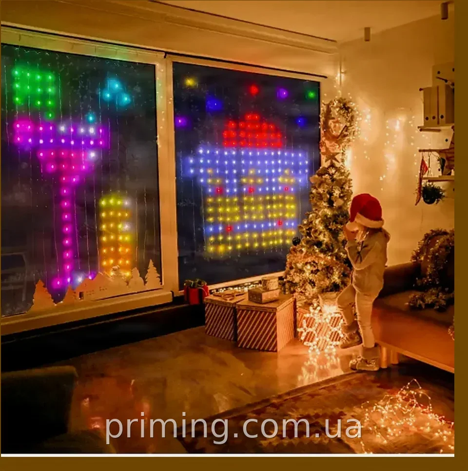 Гірлянда-штора 3х2м 400 LED RGB USB, керування з пульта та телефону по Bluetooth, 20 режимів світіння, IP65