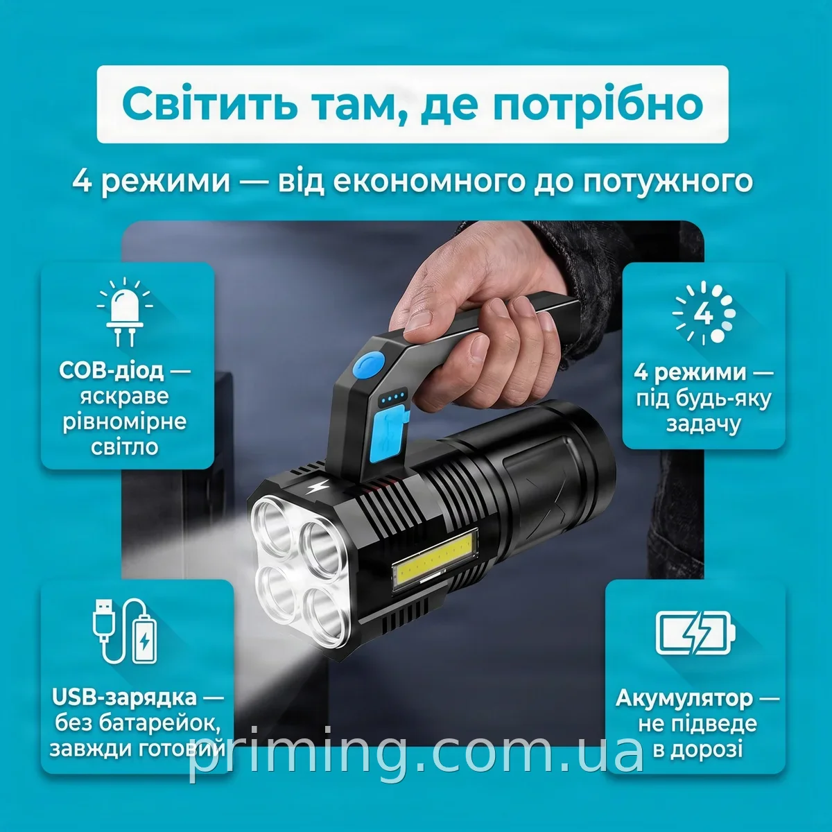 Ручной аккумуляторный фонарик TORCH BL-X508 с COB-диодом и USB-зарядкой, 4 режима, черный для дома и улицы