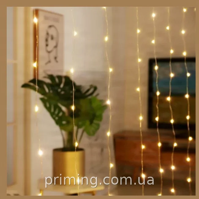 Гирлянда-штора Роса 3×2 м 200 LED капля теплый белый на солнечной батарее с пультом для улицы IP65