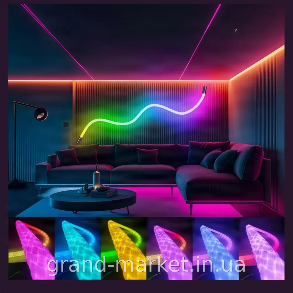 Світлодіодний гнучкий неон LED 5 м RGB, керування з пульта, регулювання яскравості, кругла силіконова стрічка SFK-30