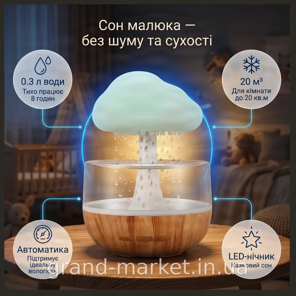 Зволожувач повітря-нічник у вигляді гриба з ефектом дощу та LED-підсвіткою, безшумний, для дому та дитячої кімнати