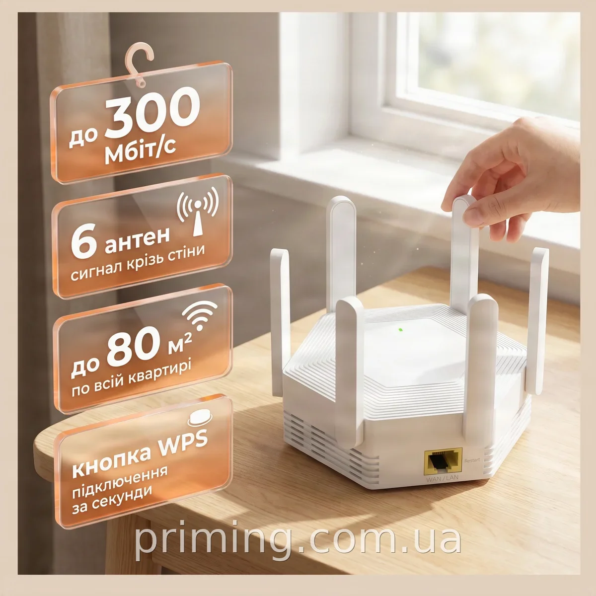 Беспроводной Wi-Fi репитер AND LV-WR56T 300 Мбит/с, мощный усилитель сигнала с 6 внешними антеннами для дома