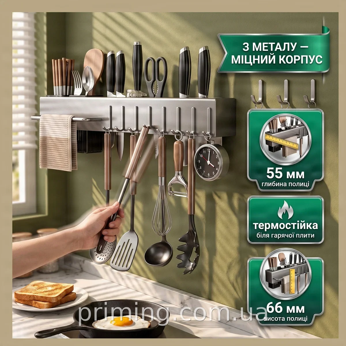Металева навісна полиця-органайзер для кухні, для зберігання столових приборів та кухонного начиння, сіра