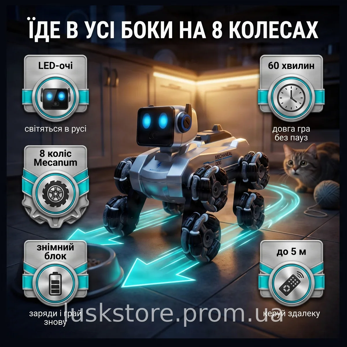 Робот-собака Mechanical Dog H29-1 на радиоуправлении, с аккумулятором, LED-подсветкой и 8 колесами Mecanum