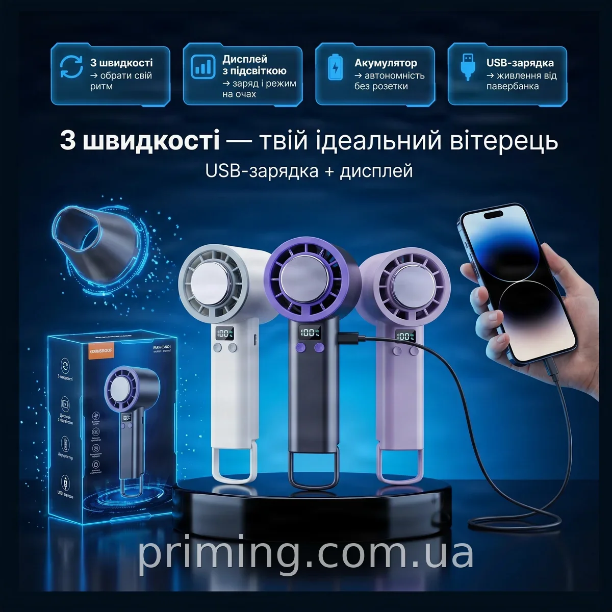 Портативный аккумуляторный мини-вентилятор ZR-01 с дисплеем, USB-зарядкой, 3 скоростями, для дома и улицы