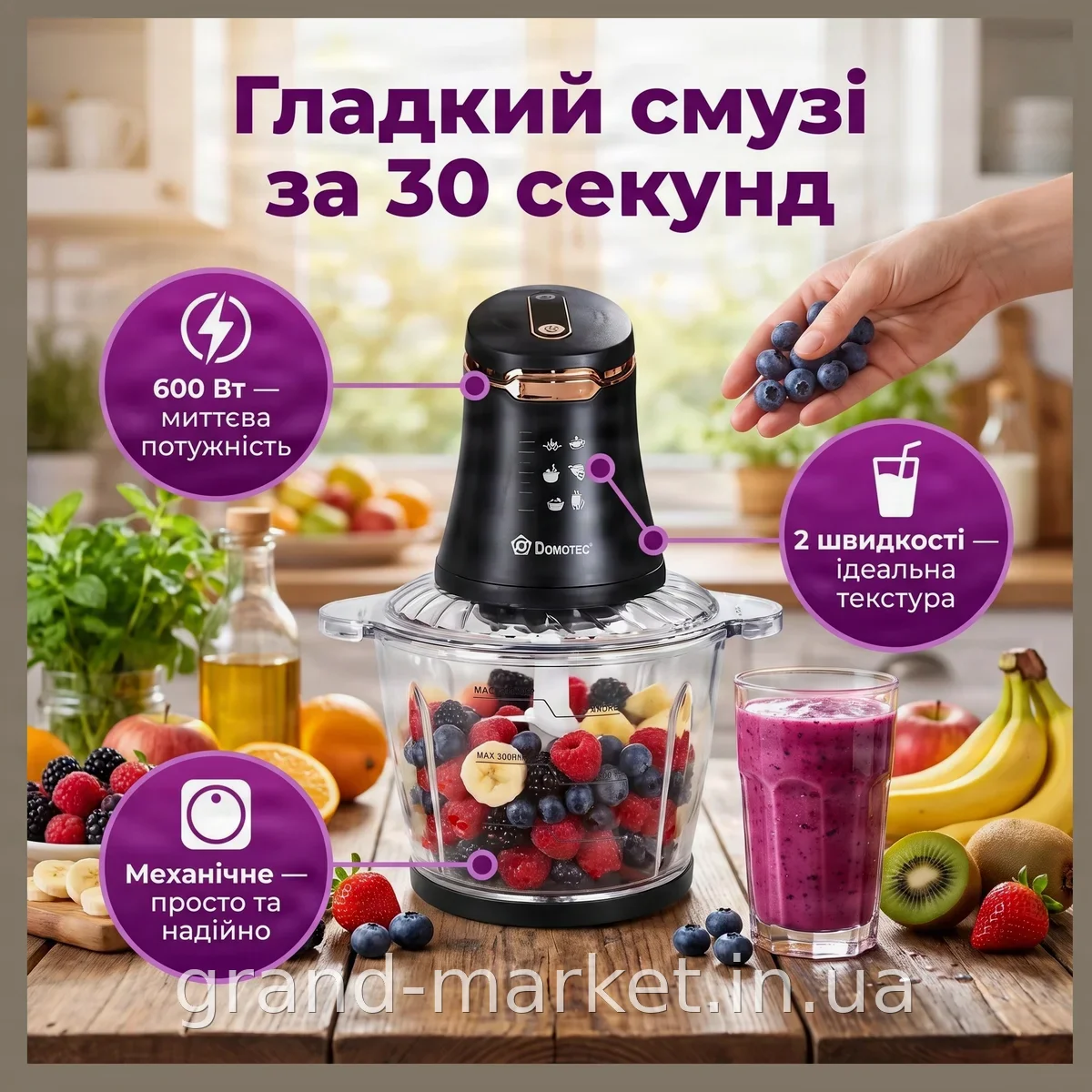 Стаціонарний блендер Domotec MS-7041 600 Вт, 2 швидкості, механічне керування, велика чаша 3 літри