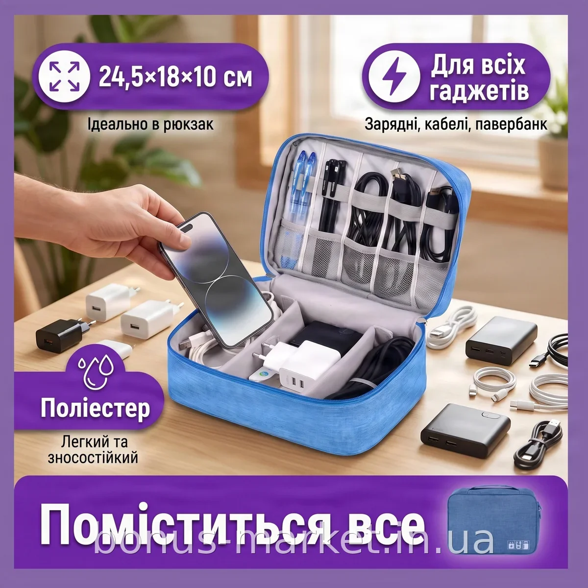 Сумка-органайзер дорожная для кабелей и зарядных устройств, из полиэстера голубая 24,5х18х10 см