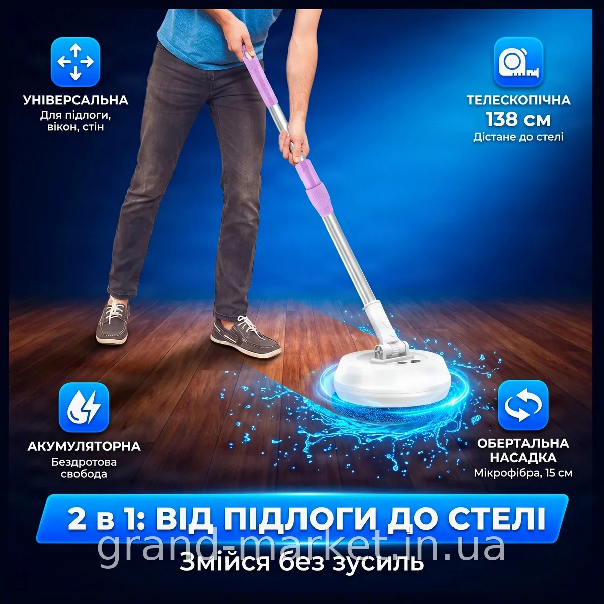 Акумуляторна бездротова швабра 2 в 1 AND-089, обертальна насадка для миття підлоги та вікон, USB-зарядка