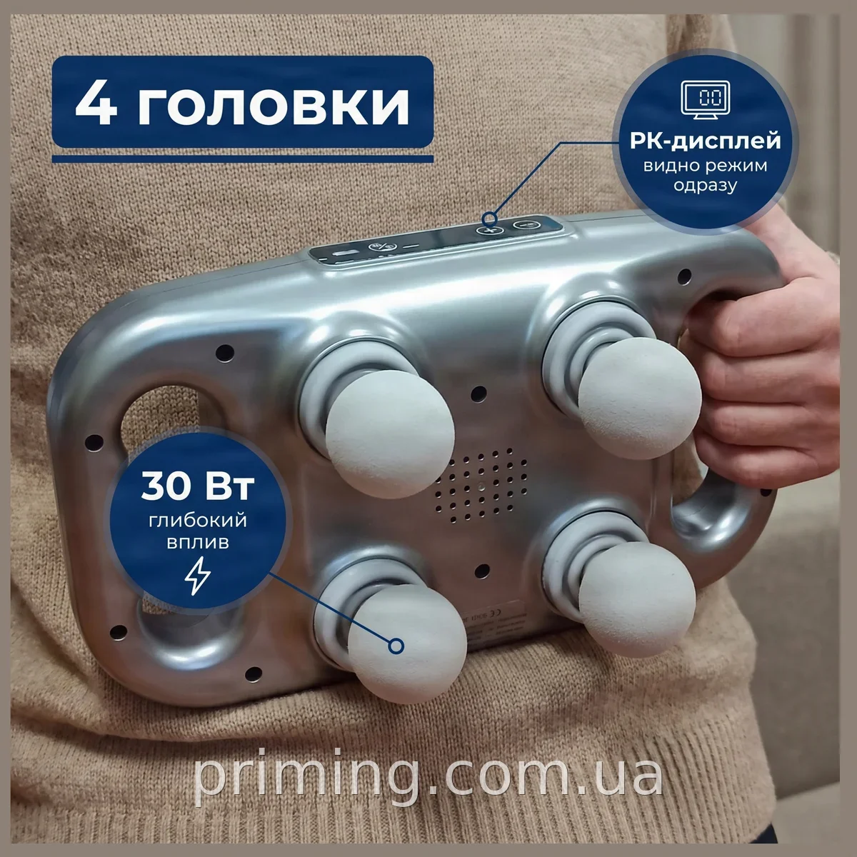Электрический перкуссионный массажер для спины и шеи аккумуляторный с 4 головками, 9 режимов, белый FZ-668