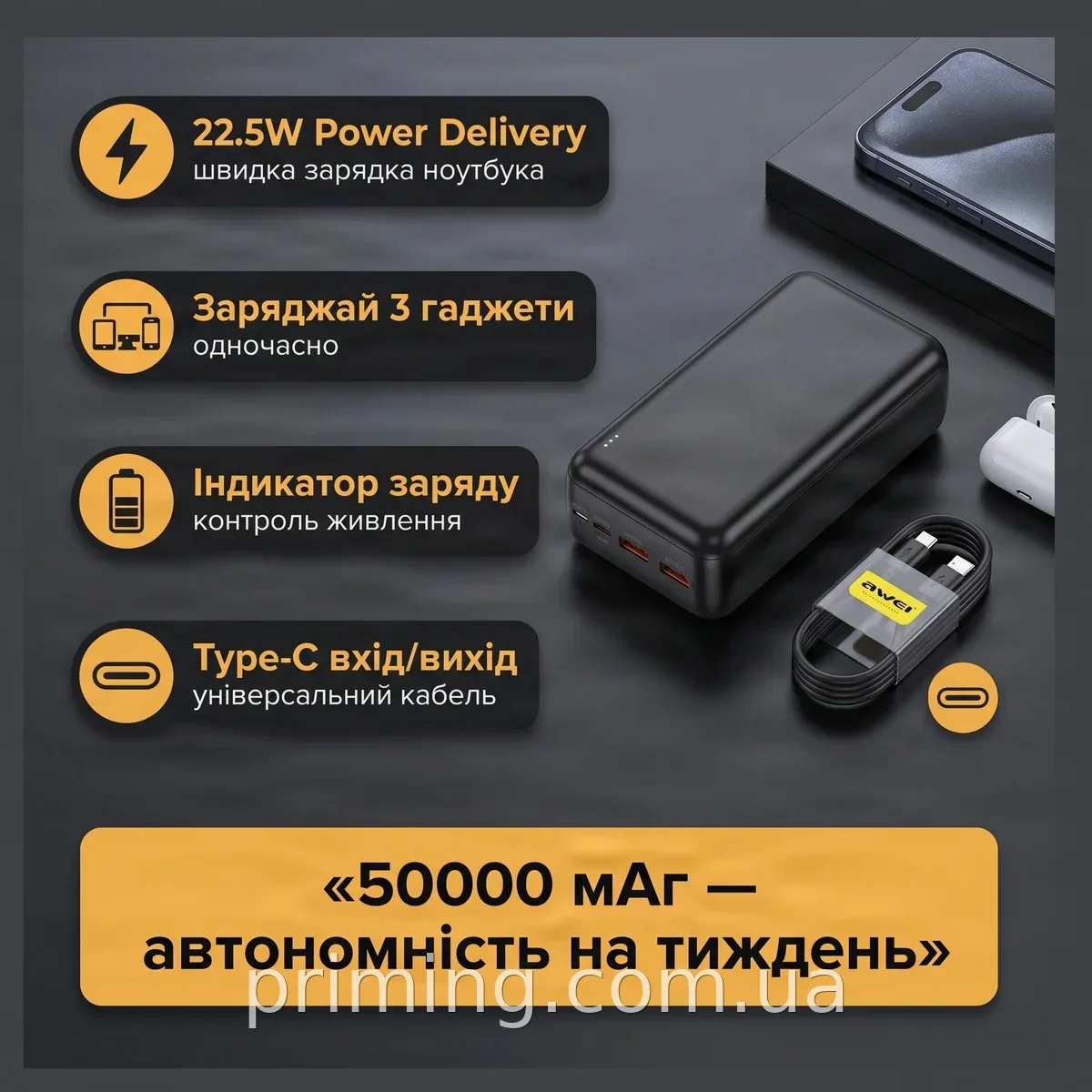Внешний аккумулятор Power Bank Awei J38B 50000mAh, быстрая зарядка 22.5W, USB Type-C, для телефона и планшета