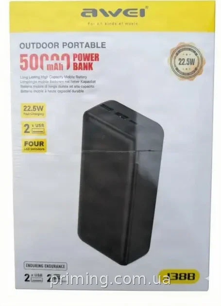 Внешний аккумулятор Power Bank Awei J38B 50000mAh, быстрая зарядка 22.5W, USB Type-C, для телефона и планшета