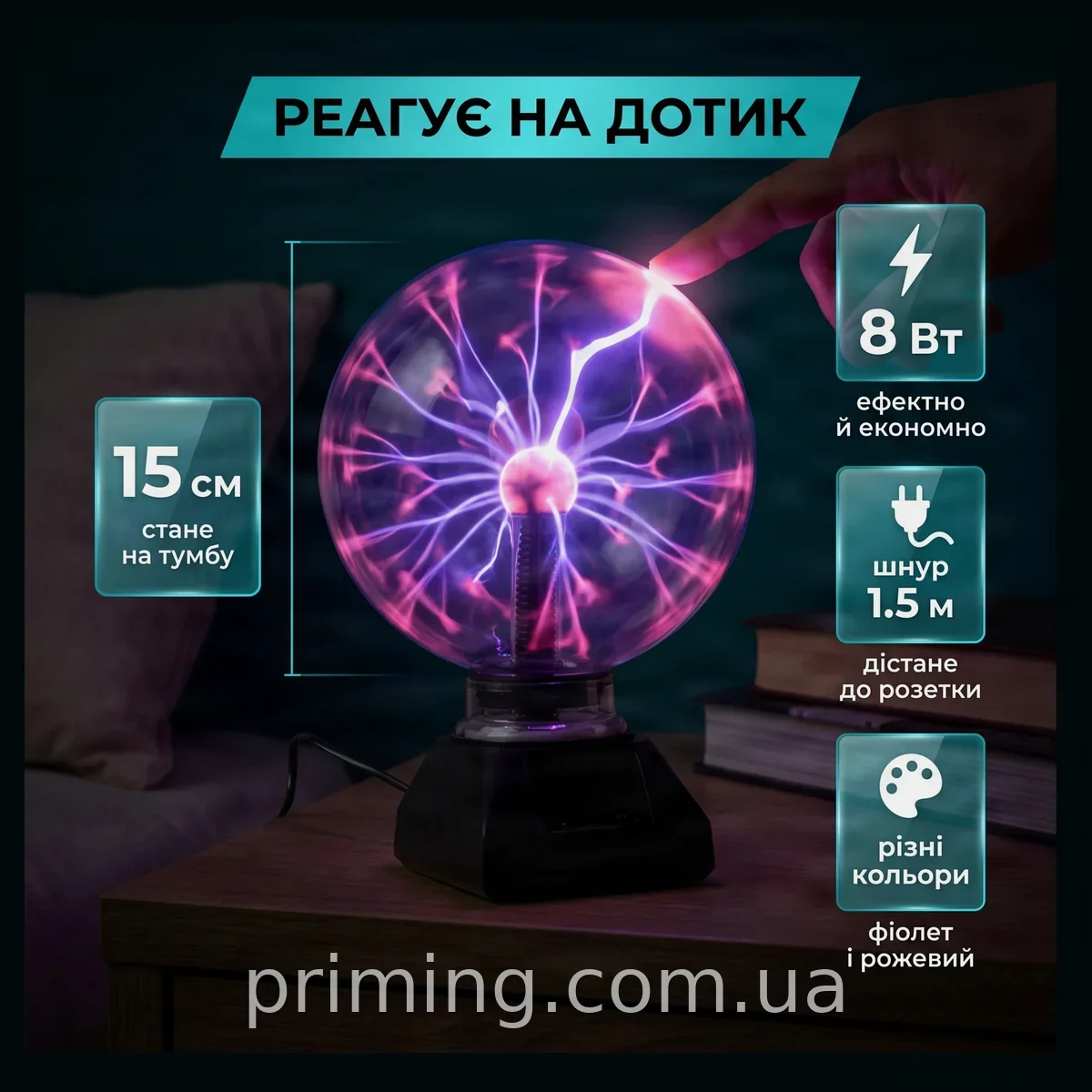 Плазменная лампа шар 6 дюймов 15 см, ночник с молниями, реагирует на прикосновение, стеклянная настольная