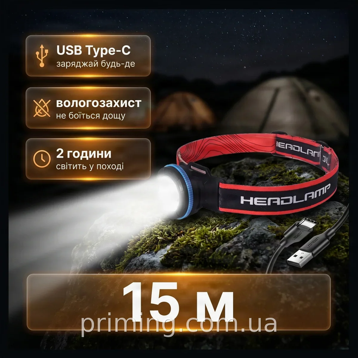 Налобный аккумуляторный фонарь NF-856 R белый и красный свет 200 лм USB Type-C влагостойкий для туризма