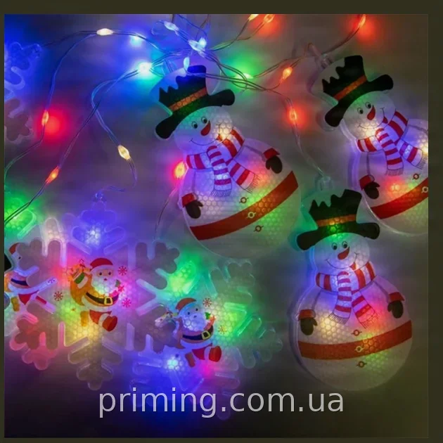Гирлянда штора светодиодная Xmas 3D снеговик и снежинки 3м на 70см, 95 мультиколорных лампочек от сети