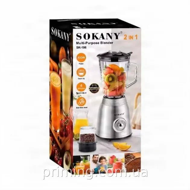 Стационарный блендер Sokany SK-186, 800 Вт, 4 скорости, стеклянный кувшин 1.5 л, металлический корпус