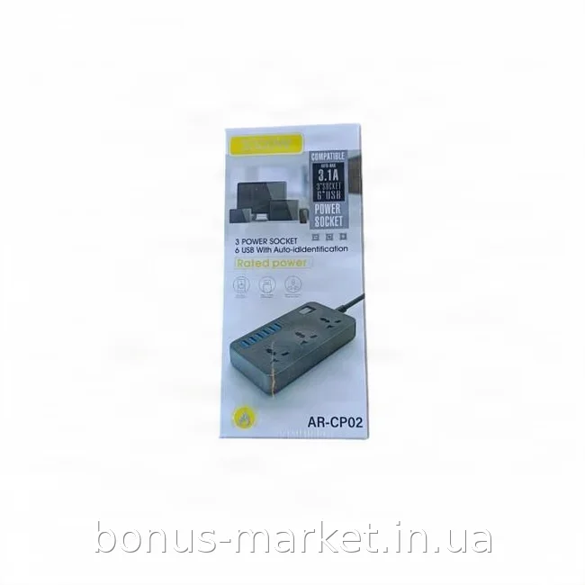 Удлинитель сетевой фильтр 3 розетки и 6 USB-портов, заземление и защита от КЗ для дома и офиса AR-CP02