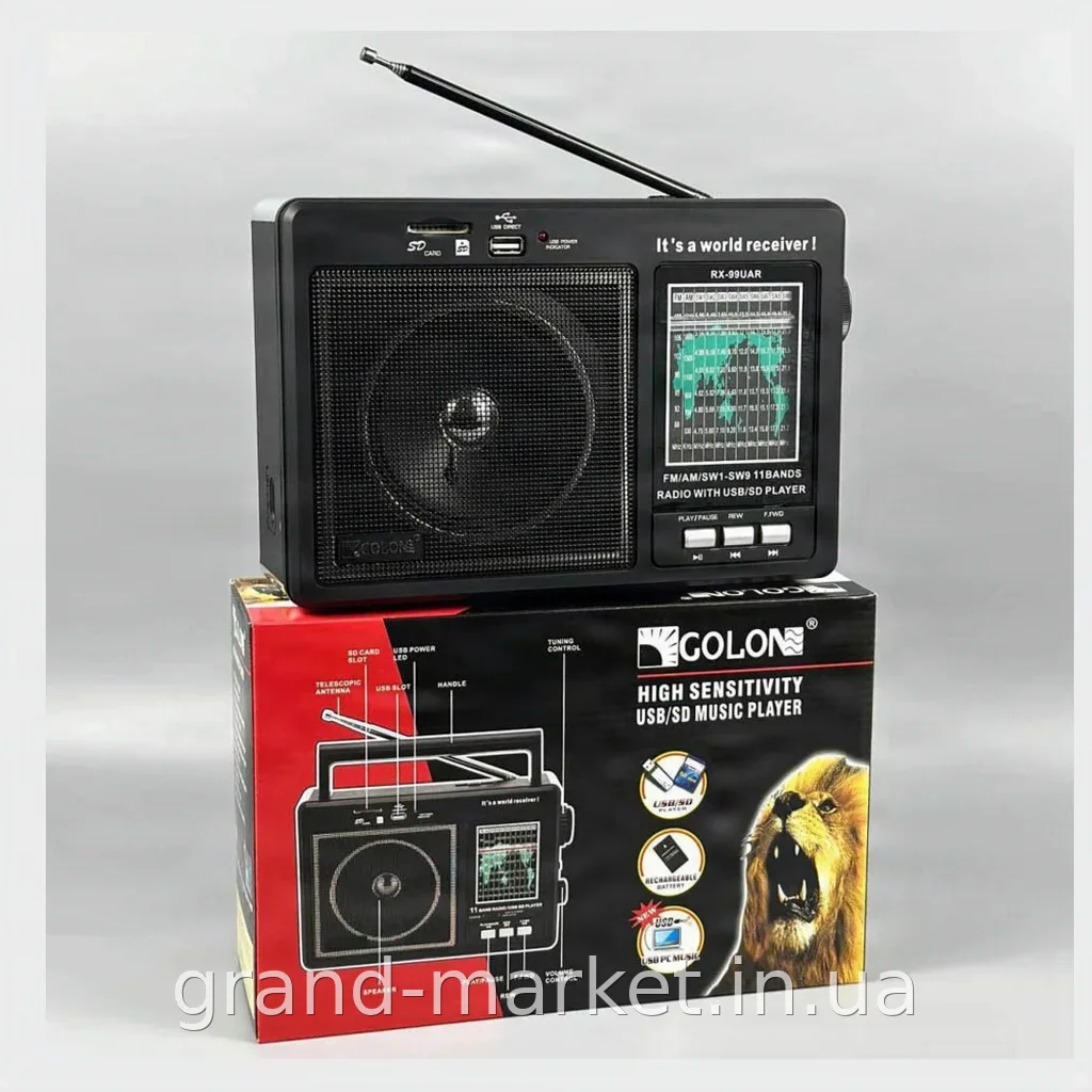 Радіоприймач портативний Golon RX-99UAR - акумуляторний, USB і SD, для дому та дачі, чорний корпус, 15 Вт