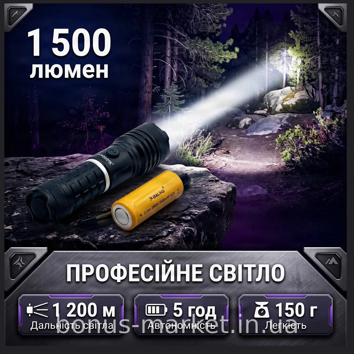 Ручной аккумуляторный фонарь Bailong BL-P913-P90 мощный 1500 лм, дальность 1200 м, для охоты и рыбалки