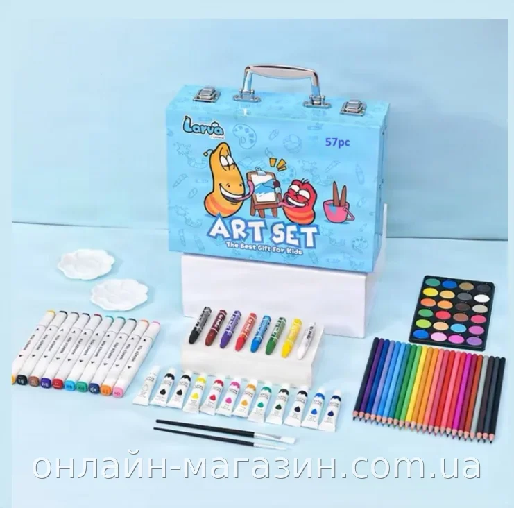 Набор цветных карандашей и фломастеров Art Set 57 предметов для рисования и творчества в металлической коробке