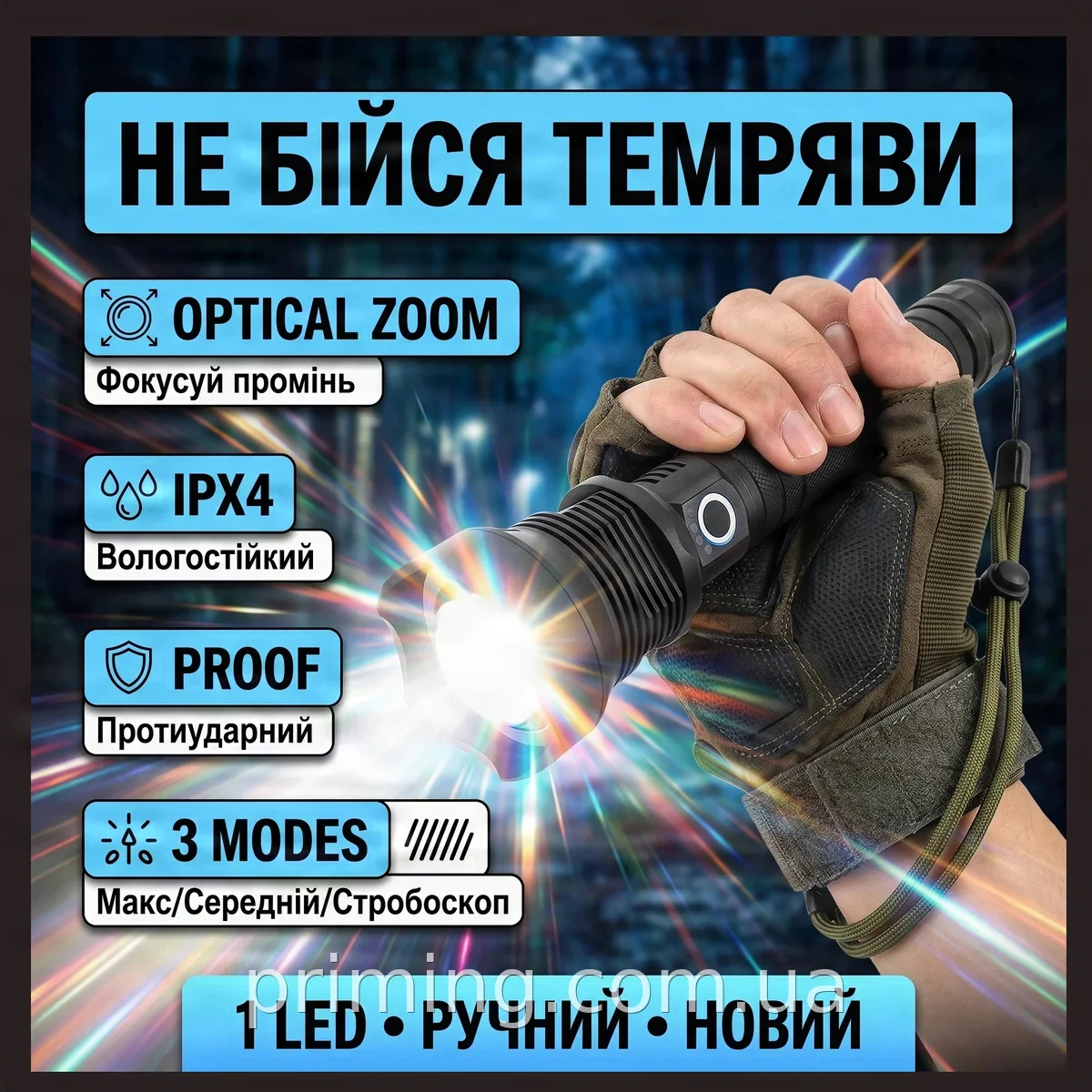 Тактичний ручний ліхтар Bailong BL-X82-P90 акумуляторний світлодіодний з оптичним зумом чорний вологостійкий