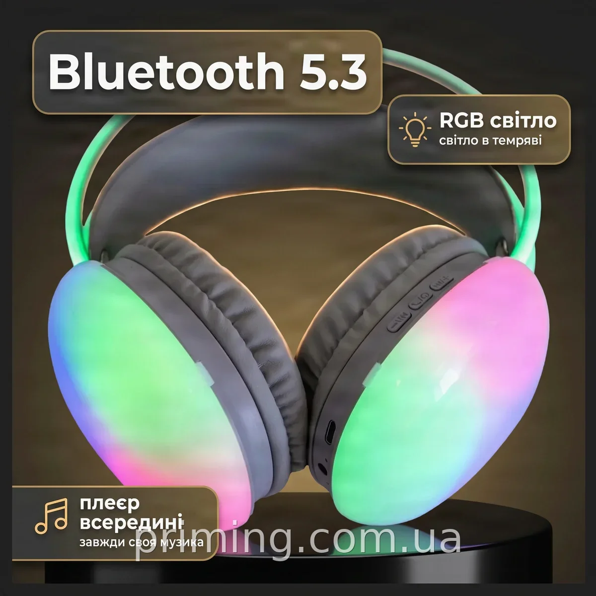 Беспроводные накладные наушники Welike WK-30 с Bluetooth 5.3, стильной RGB LED-подсветкой и микрофоном, черные