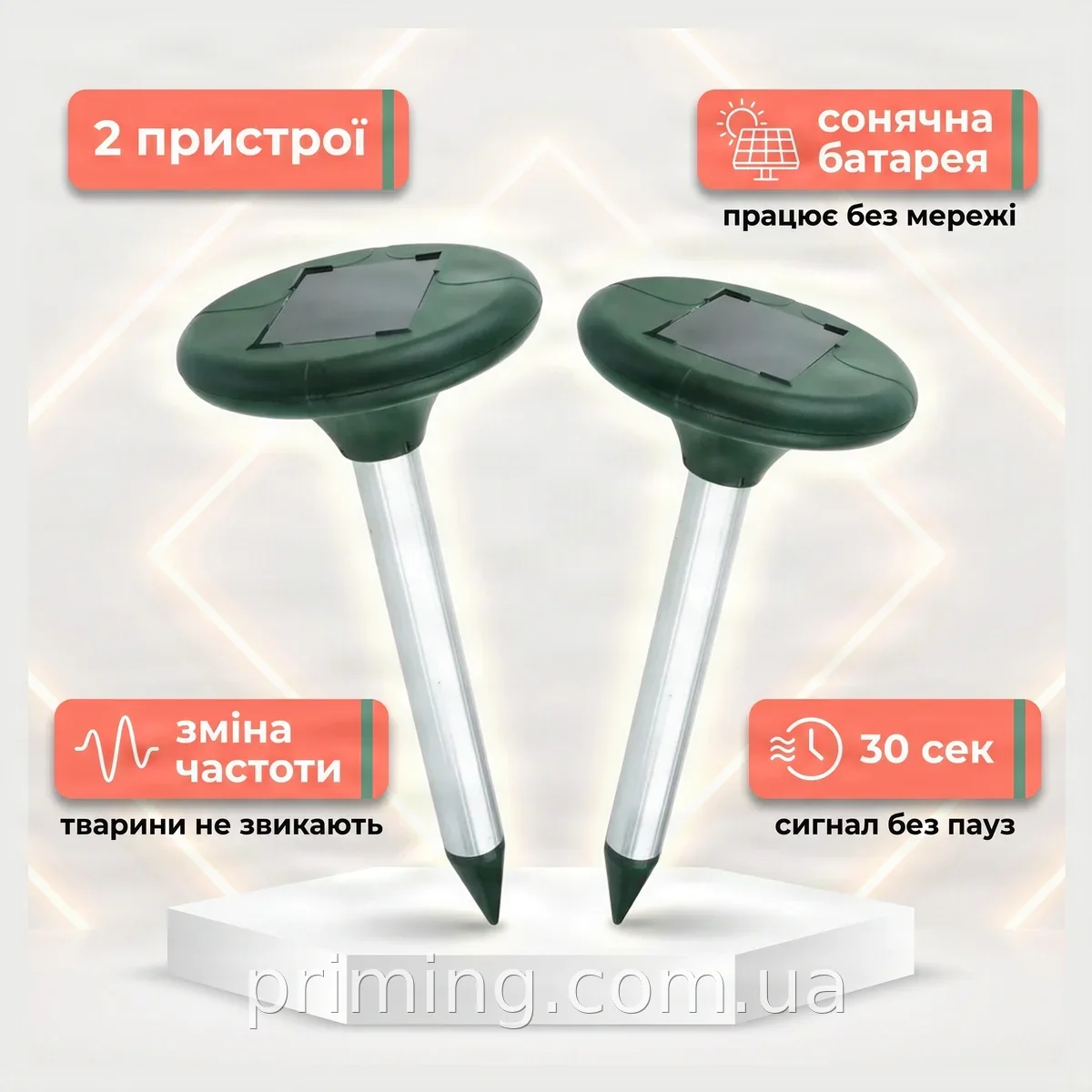 Відлякувач гризунів, кротів, змій та комах акумуляторний на сонячній батареї - набір 2 шт для саду