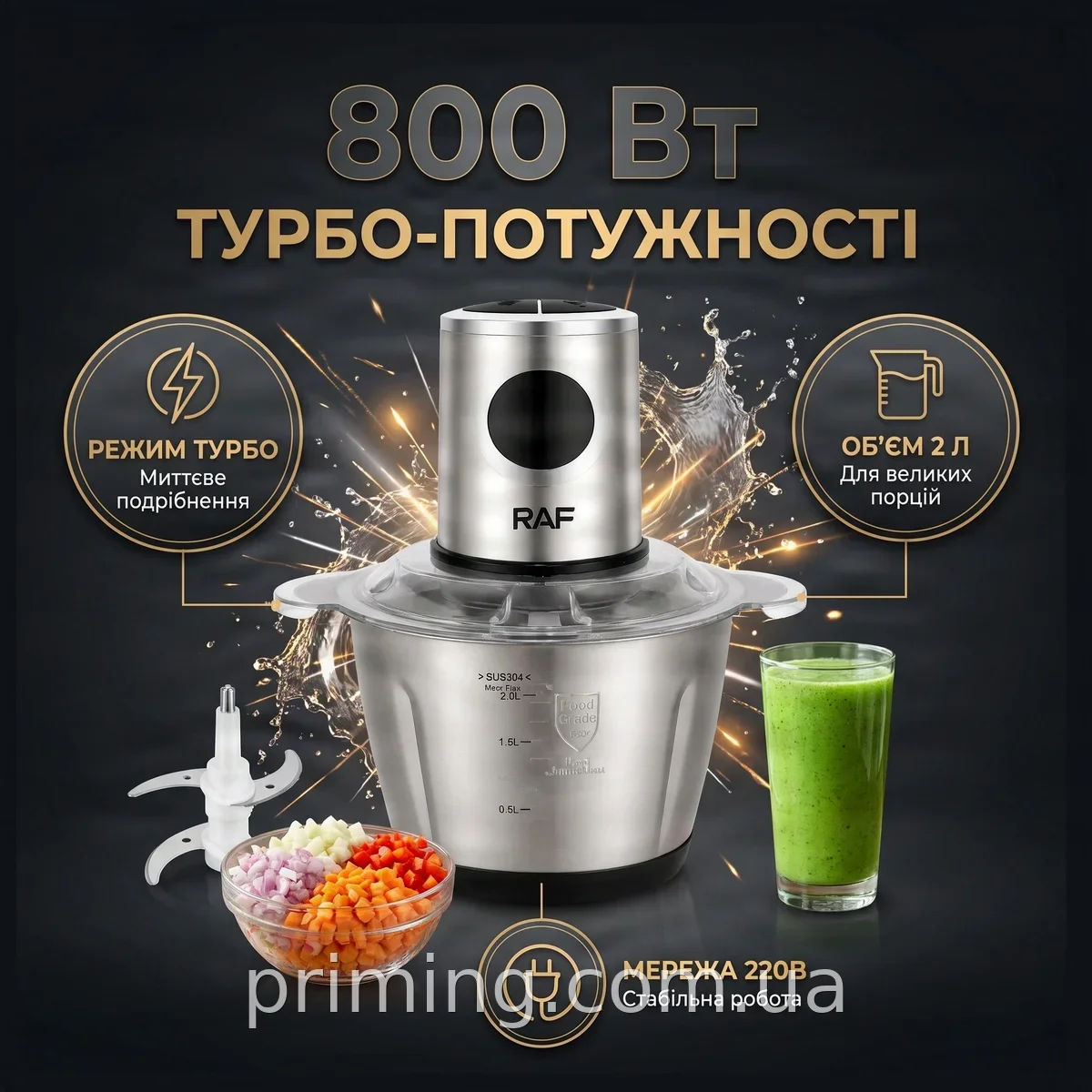 Металлический портативный блендер-чоппер 800 Вт, 2 л - быстрое измельчение овощей и мяса, турборежим